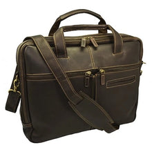 Load image into Gallery viewer, DayTrekr Leather 2-Section Laptop Brief - Brown
Image of Front Panel Angled View.  Showing two front zippered accessory pockets
Dimensions:  15 x 12 x 3.5"