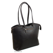 Load image into Gallery viewer, Angled front view of the brown leather tote bag.