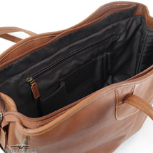 Load image into Gallery viewer, Interior view of the tan leather tote bag. It features a zipper-closing pocket,