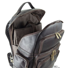 Load image into Gallery viewer, Angled front view of the brown leather backpack with the main compartment unzipped.
