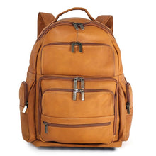 Load image into Gallery viewer, Front view of the tan leather backpack on with multiple zipper-closing pockets.