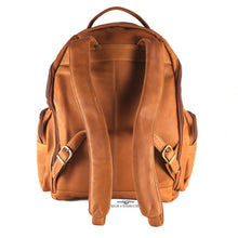 Load image into Gallery viewer, Back panel view of the tan leather backpack.