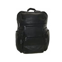 Load image into Gallery viewer, Front panel view of the black leather backpack with multiple zipper-closing pockets.
