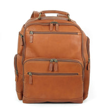 Load image into Gallery viewer, Front view of the tan leather backpack with multiple zipper-closing pockets