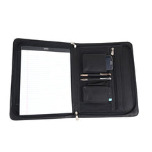 Load image into Gallery viewer, Front view of the black leather portfolio fully opened. It has a letter pad, cellphone, two pens, and an ipod organized in the dedicated compartments.