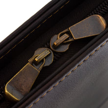 Load image into Gallery viewer, Close up to the brown leather portfolio 's double zipper pulls on the side.