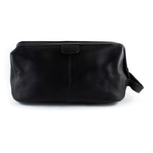 Load image into Gallery viewer, Back view of the black leather toiletry bag.