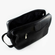 Load image into Gallery viewer, Angled view of the black leather toiletry bag, opened.