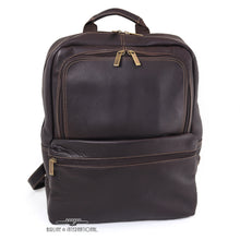 Load image into Gallery viewer, front view of a brown leather backpack with two zipper-closing pockets.