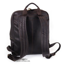 Load image into Gallery viewer, DayTrekr Leather Slim Backpack - Brown
Image of Back Panel View, featuring full leather panel and adjustable contoured Leather Back Straps for added comfort.
Dimensions:  16"H x 13"W x 5"D
