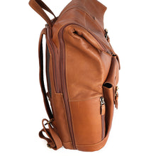 Load image into Gallery viewer, Side panel view of the tan leather rucksack. It features a side zipper closure.