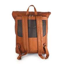 Load image into Gallery viewer, DayTrekr Leather Roll-Top Rucksack - Tan
Image of Back Panel, matching leather adjustable backstraps and leather handle grip.  
Dimensions:  19 x 14 x 7"