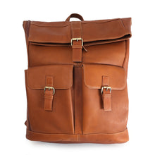 Load image into Gallery viewer, DayTrekr Leather Roll-Top Rucksack - Tan
Image of Front Panel View.  Also showing two front panel accessory pockets. 
Dimensions:  19 x 14 x 7"