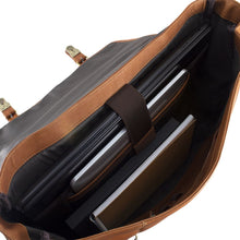 Load image into Gallery viewer, Interior view of the tan leather briefcase's main compartment. A laptop, tablet, book and notepad are arranged inside.