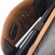 Load image into Gallery viewer, Interior view of the tan briefcase's main compartment. Three pens and a cellphone are arranged in the compartments.