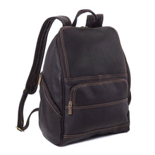 Load image into Gallery viewer, Angled front view of the dark brown leather backpack with light brown stitching and brass zipper pulls.