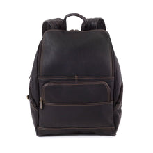 Load image into Gallery viewer, Front view of the dark leather backpack with light brown stitching and a front zipper-closing pocket.