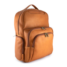 Load image into Gallery viewer, Angled front view of the tan leather backpack with zipper-closing backpacks.