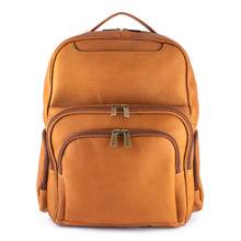 Load image into Gallery viewer, Front view of the tan leather backpack with zipper-closing pockets.
