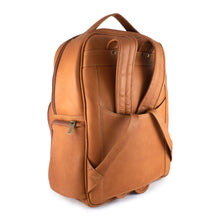 Load image into Gallery viewer, DayTrekr Leather Multi-Pocket Backpack - Tan
Image of Back Panel Angled View.  Showing contoured matching leather adjustable back straps.  Includes attachment feature allowing this backpack to ride along the telescoping handle of your carry-on trolley bag.
Dimensions:  16 x 12.5 x 5.5"