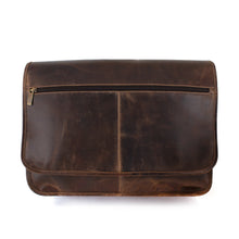 Load image into Gallery viewer, Front view of the brown leather messenger bag.