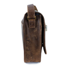 Load image into Gallery viewer, Side panel view of the brown leather messenger bag.