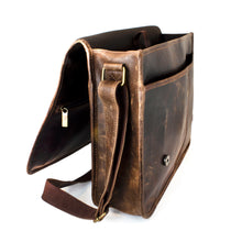 Load image into Gallery viewer, Angled view of the brown leather messenger bag with the flap flipped back.