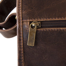 Load image into Gallery viewer, DayTrekr Distressed Leather Laptop Messenger Bag - Brown
Closeup Image of Antique Brass Hardware.
Dimensions:  16.75"W X 12.5"H x 4"D