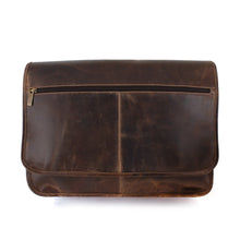 Load image into Gallery viewer, DayTrekr Distressed Leather Laptop Messenger Bag - Brown
Image of Front Panel View.
Dimensions:  16.75"W X 12.5"H x 4"D