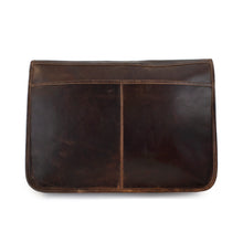 Load image into Gallery viewer, DayTrekr Distressed Leather Laptop Messenger Bag - Brown
Image of Back Panel View
Dimensions:  16.75"W X 12.5"H x 4"D