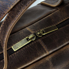 Load image into Gallery viewer, DayTrekr Distressed Leather Under-the-Seat Club Bag - Brown
Closeup Image of antique brass zipper pullers.
Dimensions:  18 X 11 X 10"