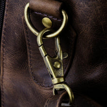 Load image into Gallery viewer, DayTrekr Distressed Leather Under-the-Seat Club Bag - Brown
Closeup Image of antique brass hardware.
Dimensions:  18 X 11 X 10"