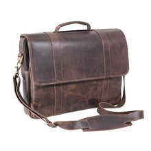 Load image into Gallery viewer, Angled front view of the brown distressed leather flap briefcase.