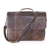 Load image into Gallery viewer, Front view of the brown distressed leather flap briefcase.