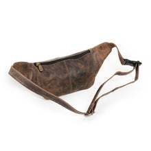 Load image into Gallery viewer, Angled back panel view of the brown distressed leather fanny pack.
