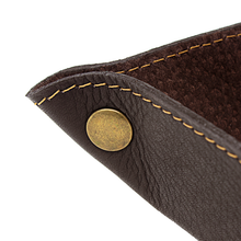 Load image into Gallery viewer, DayTrekr Leather Tray - Brown
Closeup Image of antique brass hardware and contrast stitching.
Dimensions: 6 x 6"