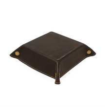 Load image into Gallery viewer, DayTrekr Leather Tray - Brown
Angled View image of back side of leather valet tray, showing full-grain natural leather
Dimensions: 6 x 6"