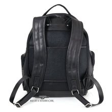 Load image into Gallery viewer, Back panel view of the black leather backpack.