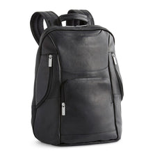 Load image into Gallery viewer, Angled front view of the black leather backpack with three zipper-closing pockets at the front.