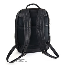 Load image into Gallery viewer, Back panel view of the black leather backpack. It feature a mesh back with a horizontal attachment strap.