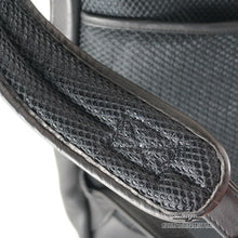 Load image into Gallery viewer, DayTrekr Leather Multi-Pocket Slim Backpack - Black
Closeup view of comfort-mesh backing on adjustable Leather Back Straps.
Dimensions:  16 x 12 x 4.5" (Measurement at base, gradually tapers at top)