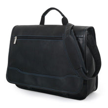 Load image into Gallery viewer, Angled front view of the black leather messenger bag with blue stitching.