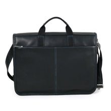 Load image into Gallery viewer, DayTrekr Leather Messenger - Black/Blue Top Stitching
Image of Back Panel View.  Also showing matching leather handle grip, adjustable matching leather shoulder strap, and back panel zippered accessory pocket.
Dimensions:  15.5” W x 12”H x 4.5” D