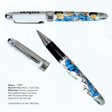 Load image into Gallery viewer, View of the rollerball pen with the cap on, and with the cap set to the side.