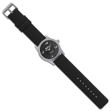 Load image into Gallery viewer, View of the watch with the black straps extended. Set on a white background.