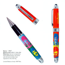 Load image into Gallery viewer, Graphic of the pen with the cap, with a separate image of the pen without the cap. The caption reads: "Name: 1967. Style# PBEA19R/LE Rollerball. Materials: German components. Hand applied lacquer over brass with the serial number laser engraved in the mid-ring. Limited Edition of only 1967 pens.