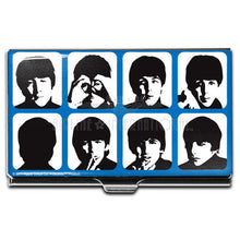 Load image into Gallery viewer, Front view of the business card case. It features a blue background with portrait shots of The Beatles in the art style of the "A hard Days Night" album cover.