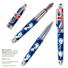 Load image into Gallery viewer, ACME Beatles Invasion: View of the pen with the cap on, and two images showing the pen with the rollerball and fountain pen attachments.