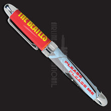 Load image into Gallery viewer, Side view of the rollerball pen with the cap on. Set on a gray background.