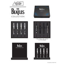 Load image into Gallery viewer, Different Views of the packaging. Top Left: Logo of the collection. Top right: view of the lid with printed signatures and band logo. Center left: View of the pens in their slots. Center right: View of the refills included. Bottom Left: View of the display without the pens. Bottom right: View of the display with the pens.